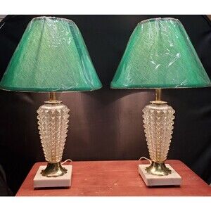 VTG Clear Boudoir Hobnail Glass Design On Marble Base Lamps 16.5” Gold Metal